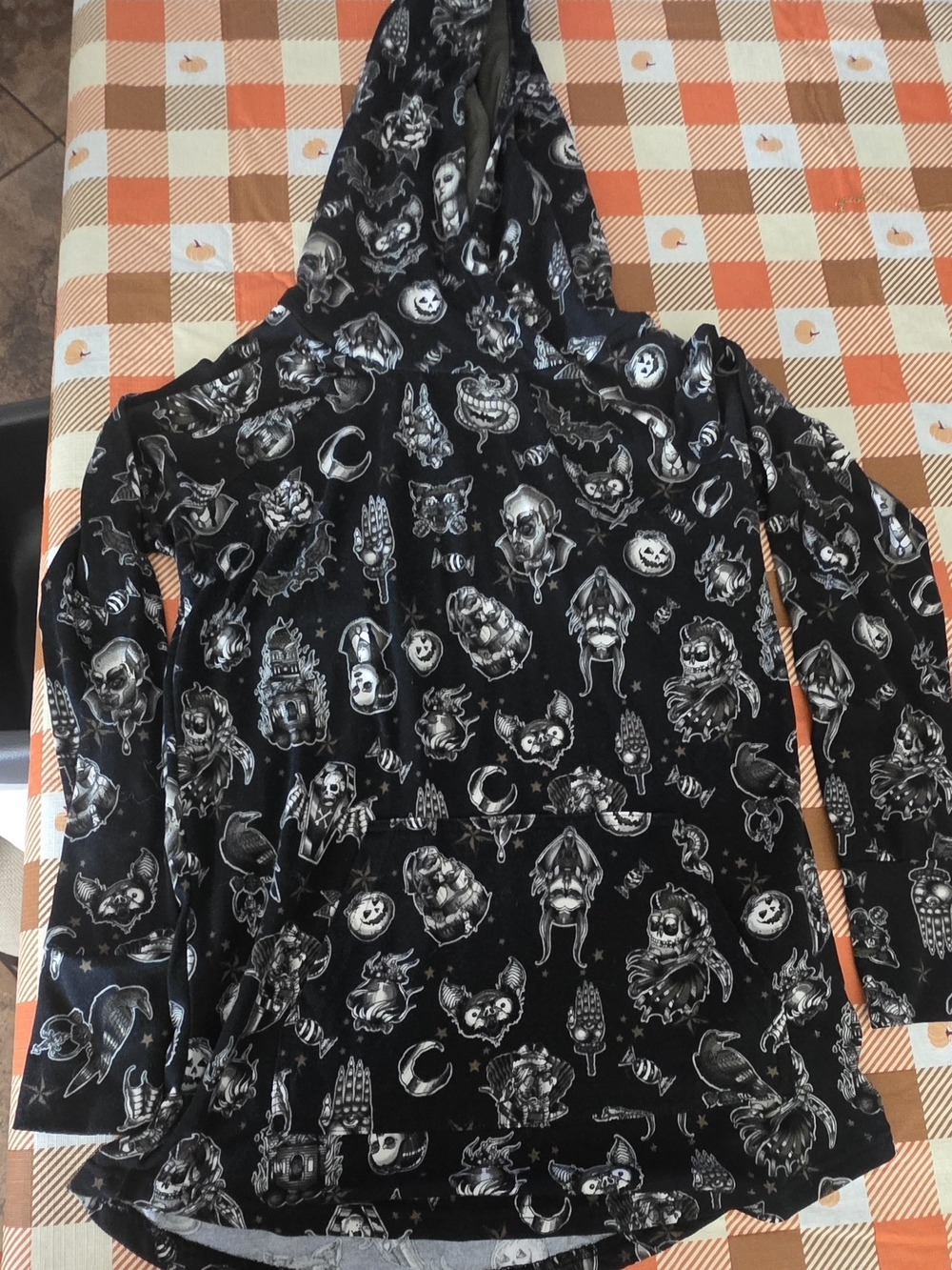LuLaRoe Black Hoodie with White & Gray Halloween Motifs